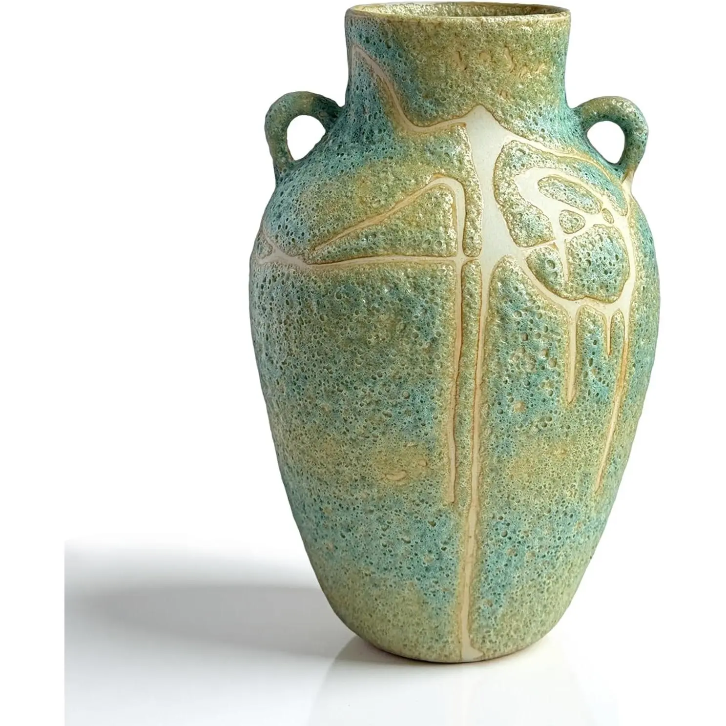 10-Inch Handcrafted Ceramic Statement Flower Vase with 2 Handles, Rustic Farmhouse Large Decorative Vase, Blue-Green Modern Boho Home Decor Centerpiece for Living Room, Shelf, Statement Flower Vases