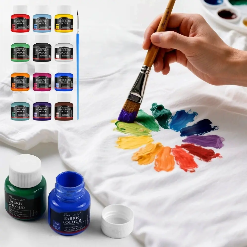 12 Color 25ML Textile Paint Set, Water-Resistant Fabric Paint, Kids Craft DIY, T-Shirt, Canvas Bag, Pillow, Tablecloth, Curtain, Handkerchief, Painting Supplies