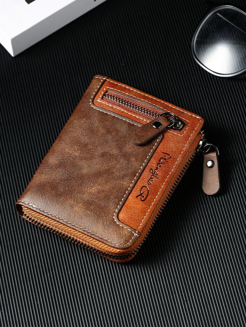 Premium Men's Short ID Card Holder Billfold Casual Leather Zipper Coin Purse Multi-Card Slot Portable Wallet
