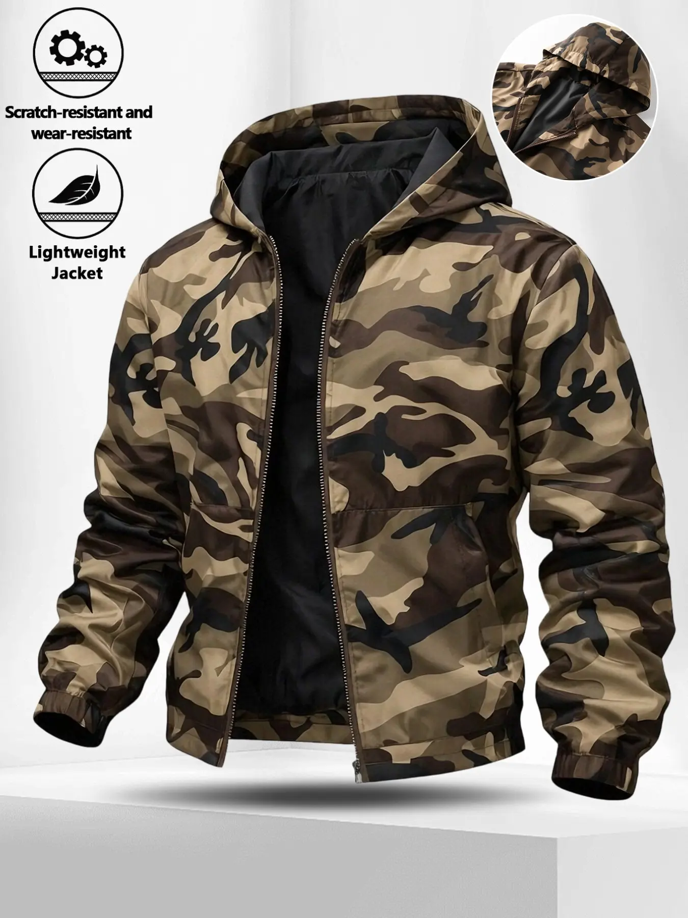 Men's Camo Hooded Jacket, Casual Fashion Waterproof Bomber Coat, casual bomber jackets, Zipper Front, All Seasons, Long Sleeve, Fitted, H-Type Silhouette