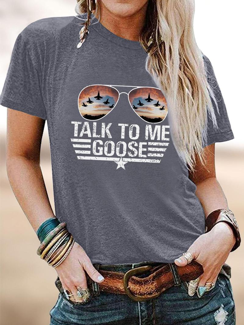 Women's Letter & Sunglasses Print Round Neck Tee, Fashion Casual Crew Neck Short Sleeve T-Shirt for Summer, Women's Clothes for Daily Wear