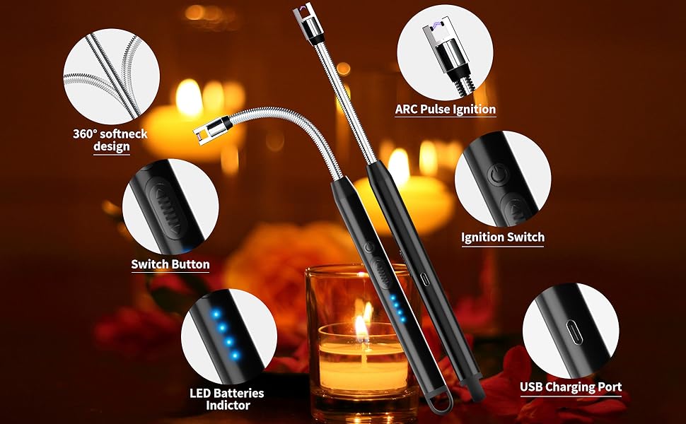 2-Pack Rechargeable Electric Candle Lighters, Flameless Windproof Long with 360° Flexible Neck and LED Display for Candles, Camping, BBQ & Fireplace(Black)