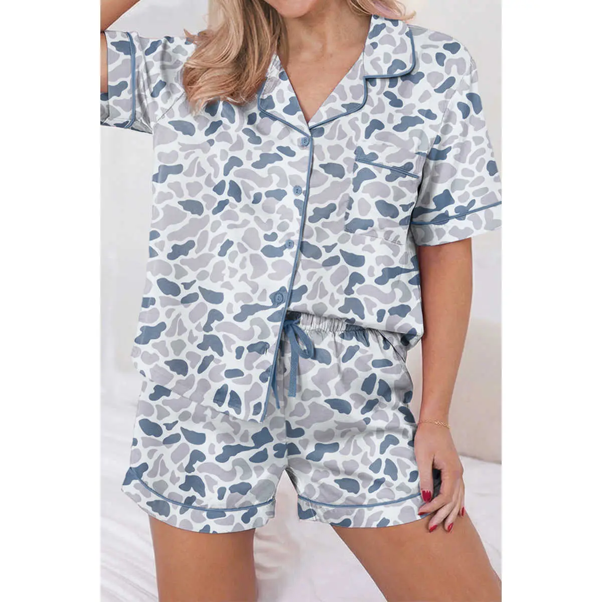 BF Women's 2-Piece Loose-Fitting Camouflage Graphic Pajama Set - Collared Top, Drawstring Shorts, Soft Stretchy Style, Cozy Fall Night Sleepwear Loungewear (PJ Sets for Women)