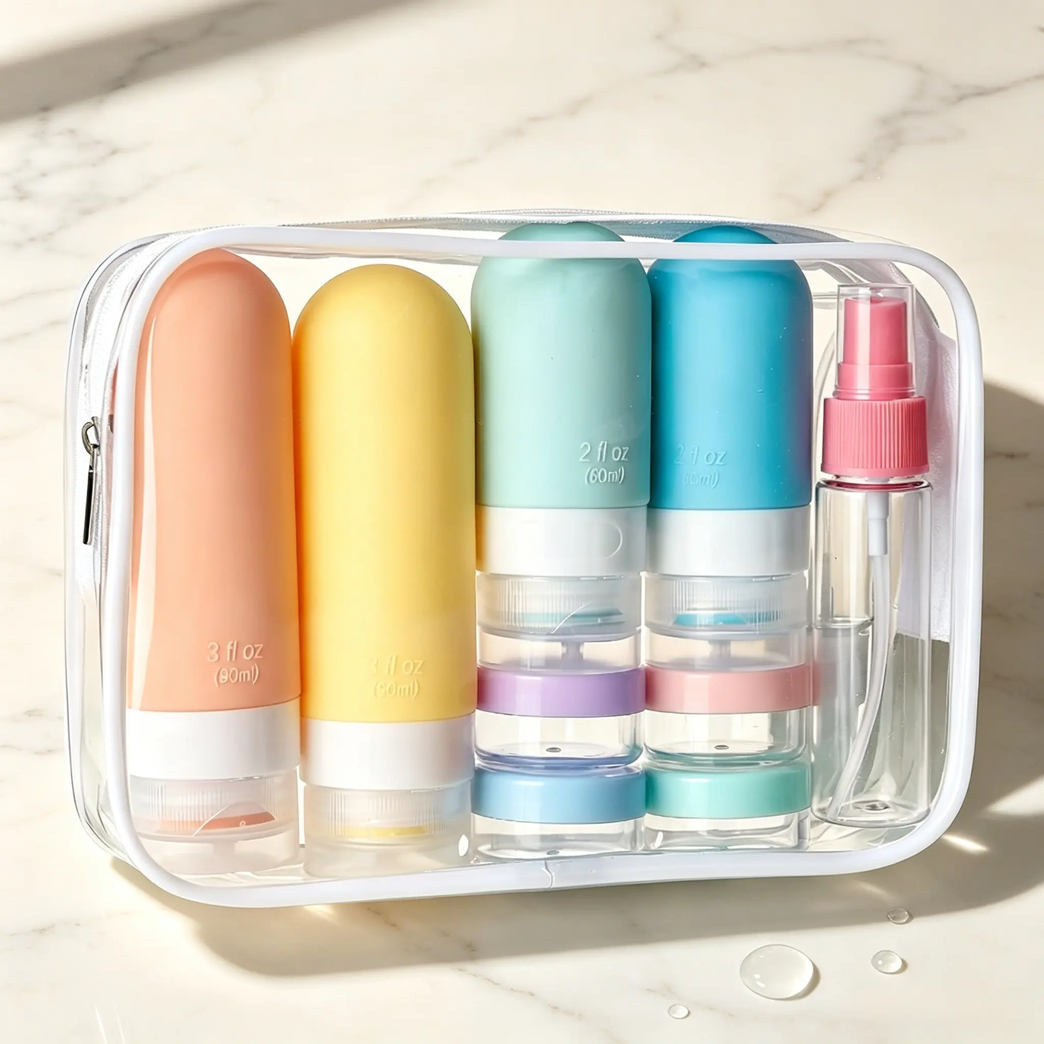 Ins Macaron Capsule Travel Bottle Kit With Clear Bag, Multi-size Set: Cream Jars, Squeeze Tubes, Spray Bottles