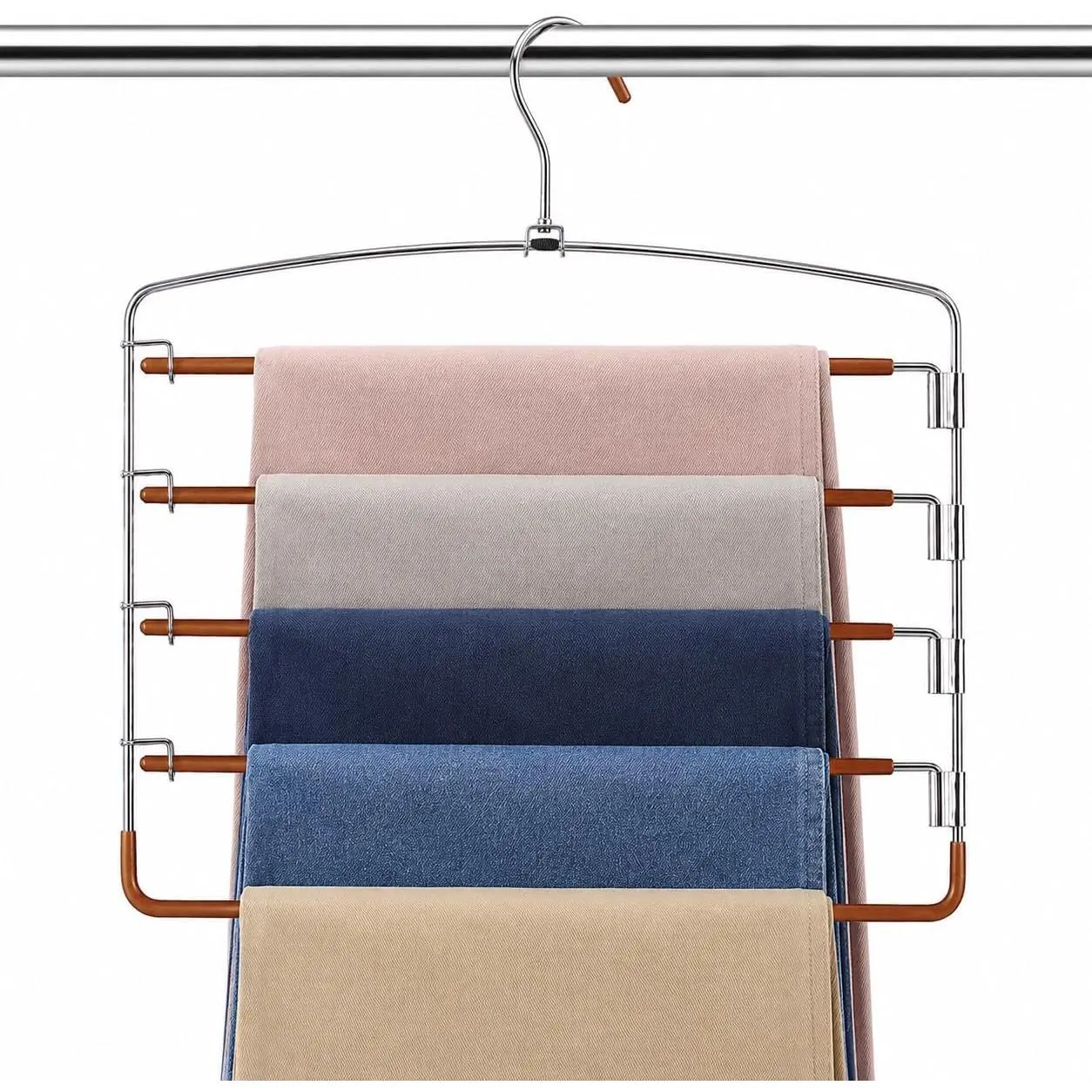 Pants Hangers Space Saving 3 Pack 5 Layer Swing Arm Hanger Brown | Stainless steel space saver hanger with multi functional design for trousers, jeans, towels and scarves