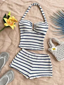 Women's Vacation Striped Tank Top and Shorts Set, Casual Two-Piece, Comfortable and Stylish, Perfect for Relaxing Days