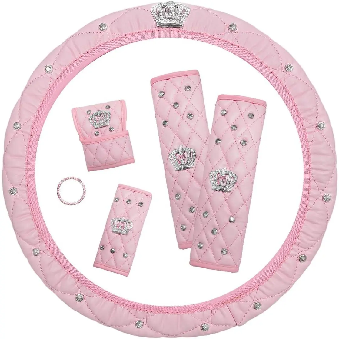 6 count Bling  Accessories Set, Sparkly Steering Wheel Protector w/Seatbelt Gearshift Handbrake Cover & Start Button Ring, Soft Leather  Accessories Decorative Full Set ()
