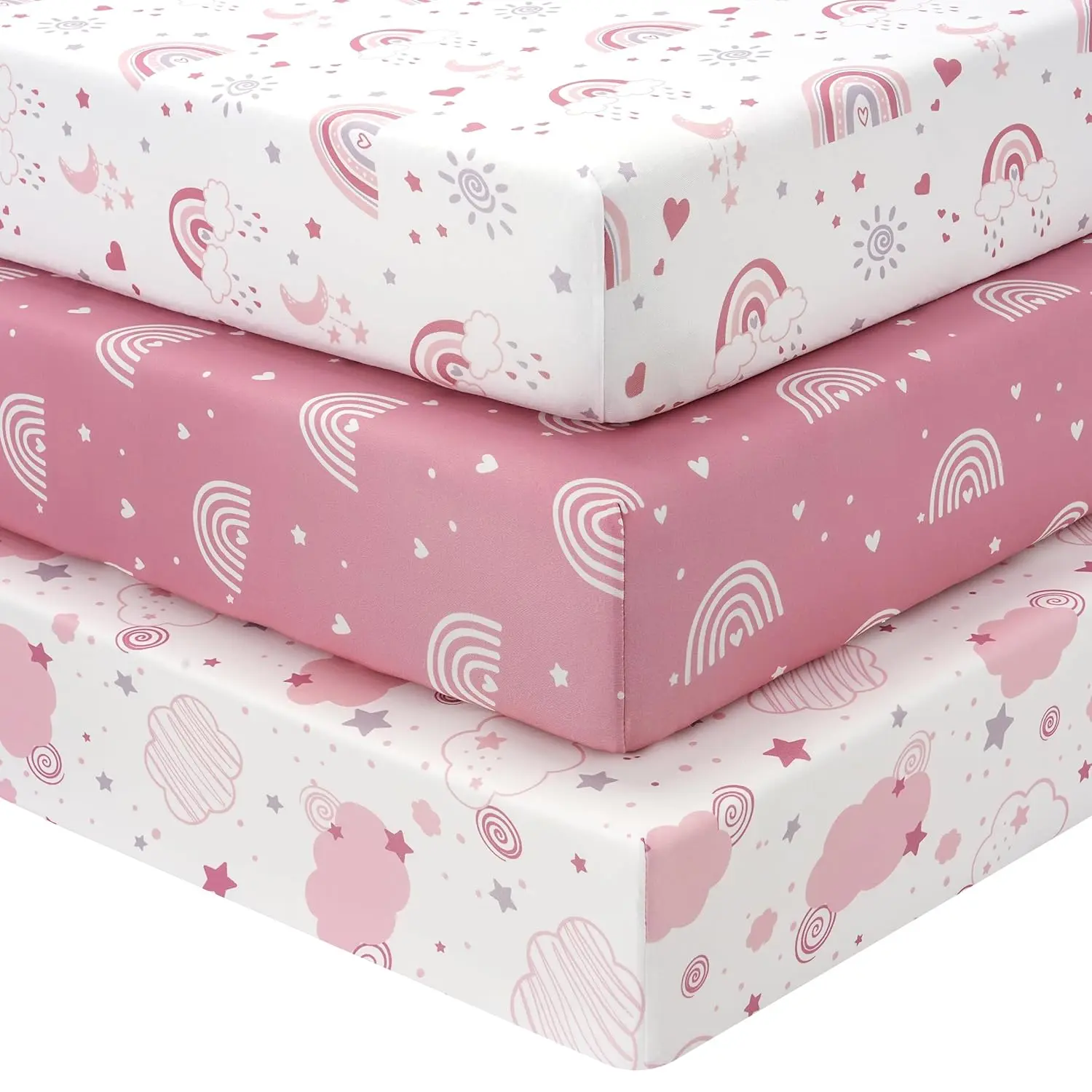 Girl's Super Soft Microfiber Fitted Crib Sheets, 3-Pack Skin-Friendly Deep Pocket Sheets for 52"x28" Standard Crib & Toddler Mattresses, Playful Pink Rainbow Design, Fitted Sheet