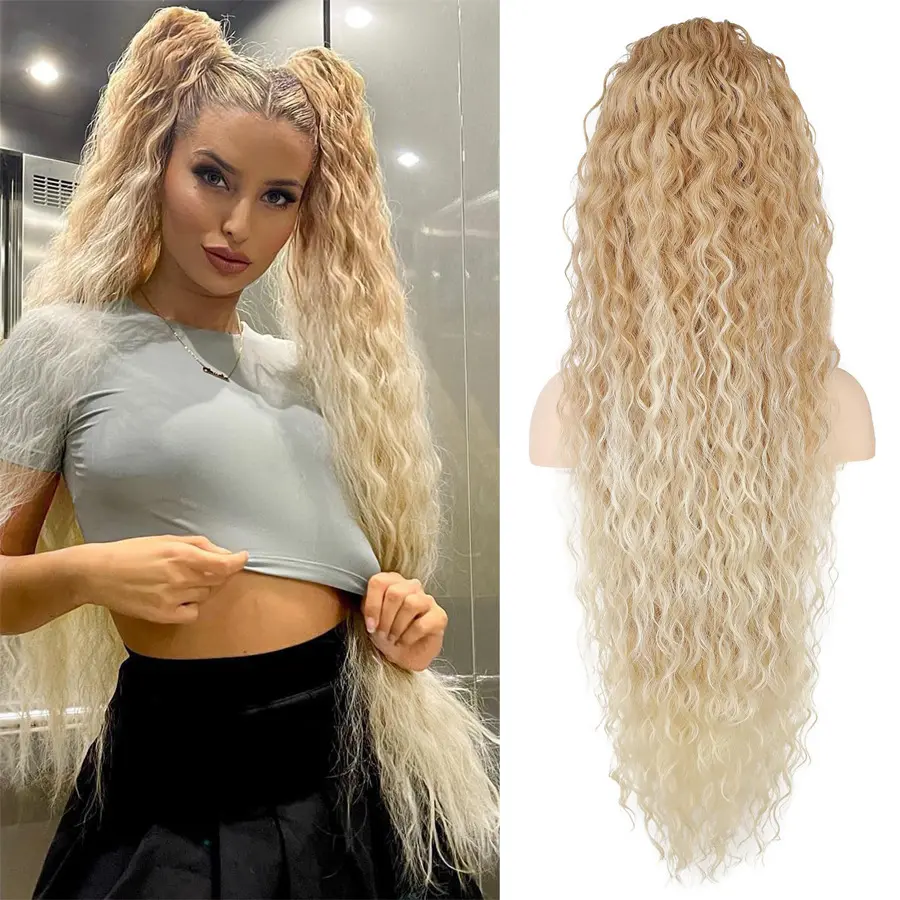 Women's Curly Ponytail Extension, Long Wavy Heat-Resistant Synthetic Fiber Hairpiece with Gradient Design, Drawstring Clip and Graduated Ombre Finish