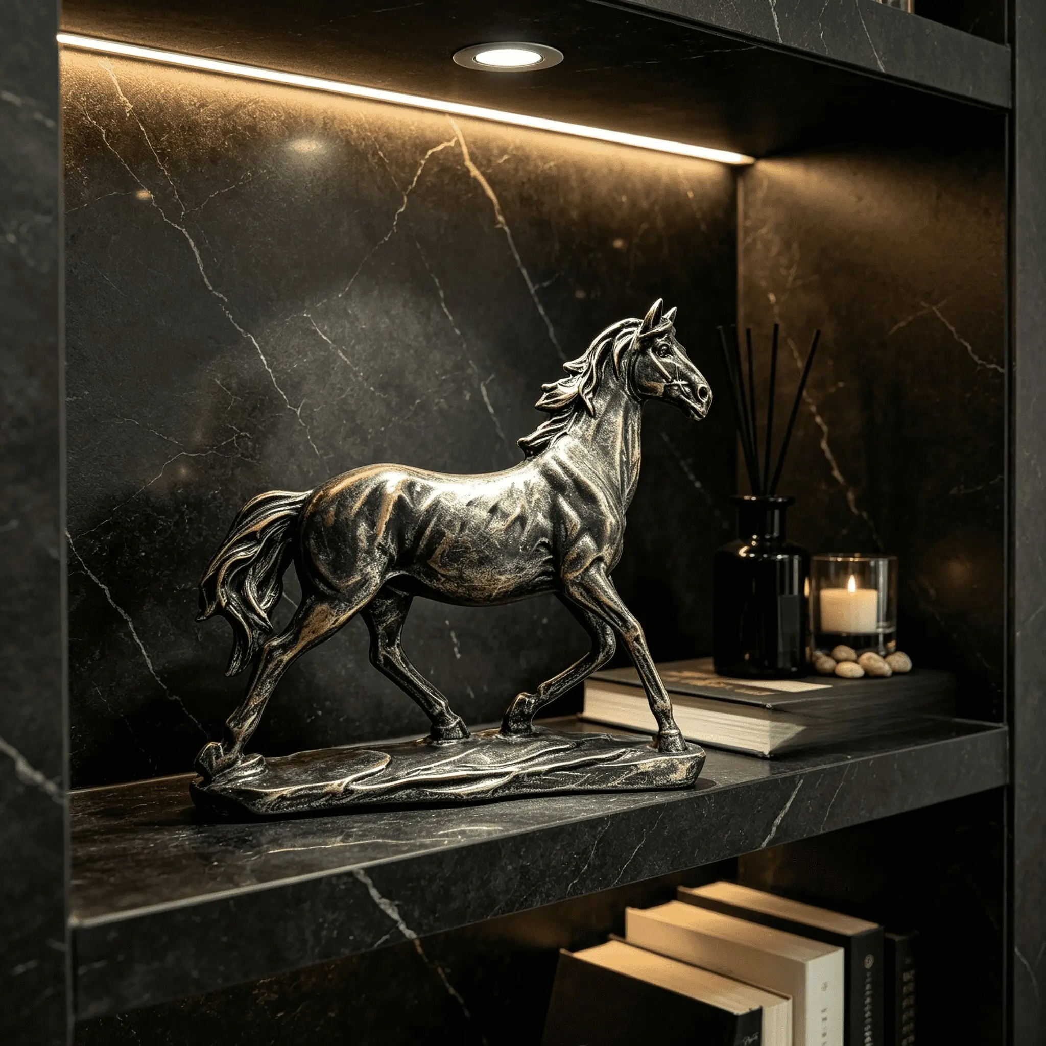 Antique Bronze Finish Resin Horse Statue  Tall, Vintage Walking Horse Sculpture Figurine Tabletop Decor for Office Bookshelf Living Room Cabinet, Lucky Success Wealth Horse Ornament Business Housewarming Gift