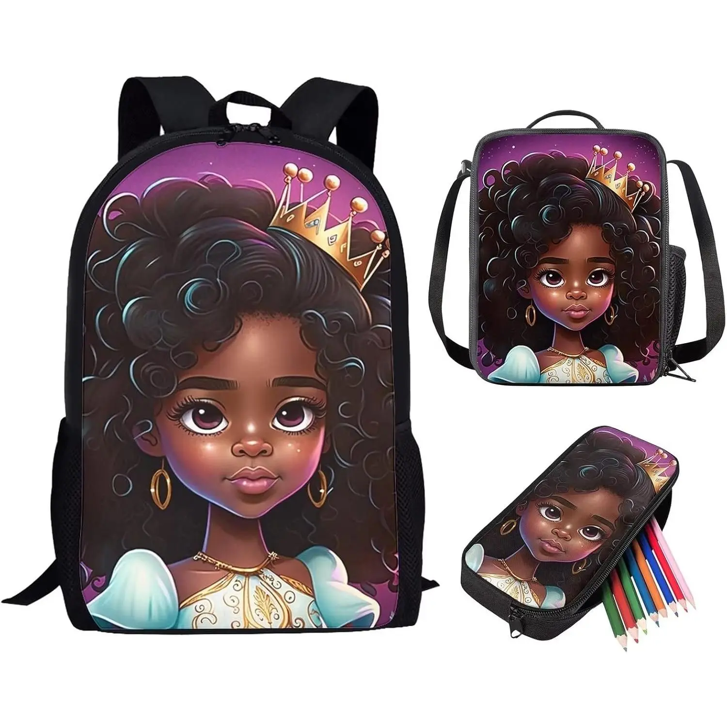 Black African Girl Schoolbags Unique High School Children Kdis Backpack Bagpack Set Middle Student Kids Book Bag 3 Piece