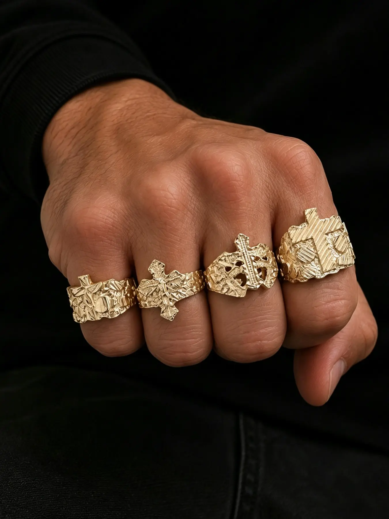 4-Piece Gothic Cross Ring Set for Men, Vintage Texture Engraved Punk Rings, Unisex Stackable Hip-Hop Style Jewelry
