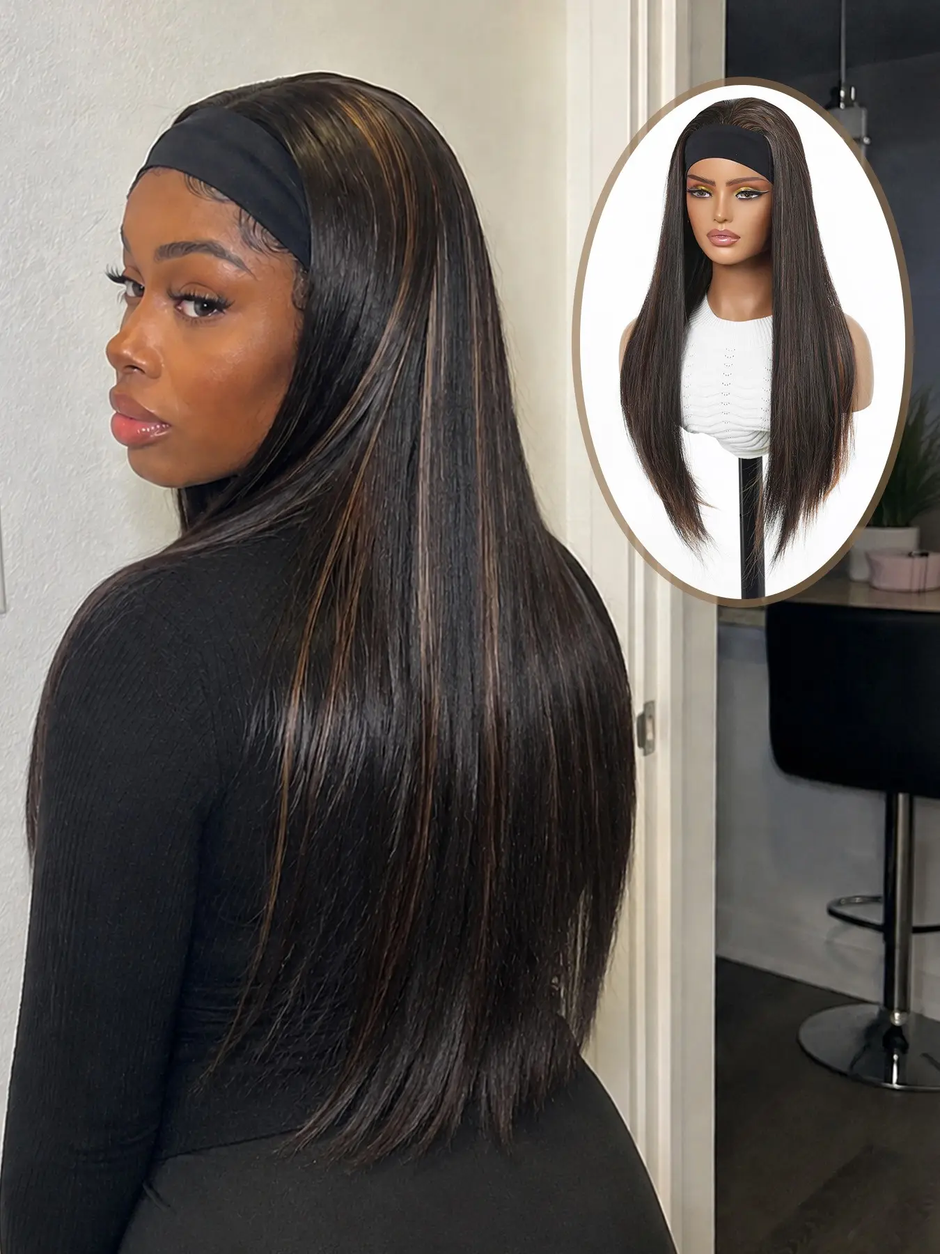 24 Inch Base Highlights Smooth Straight Hair Wigs, Elastic Band No Lace No Glue, Easy Wear Synthetic Full Head Cover