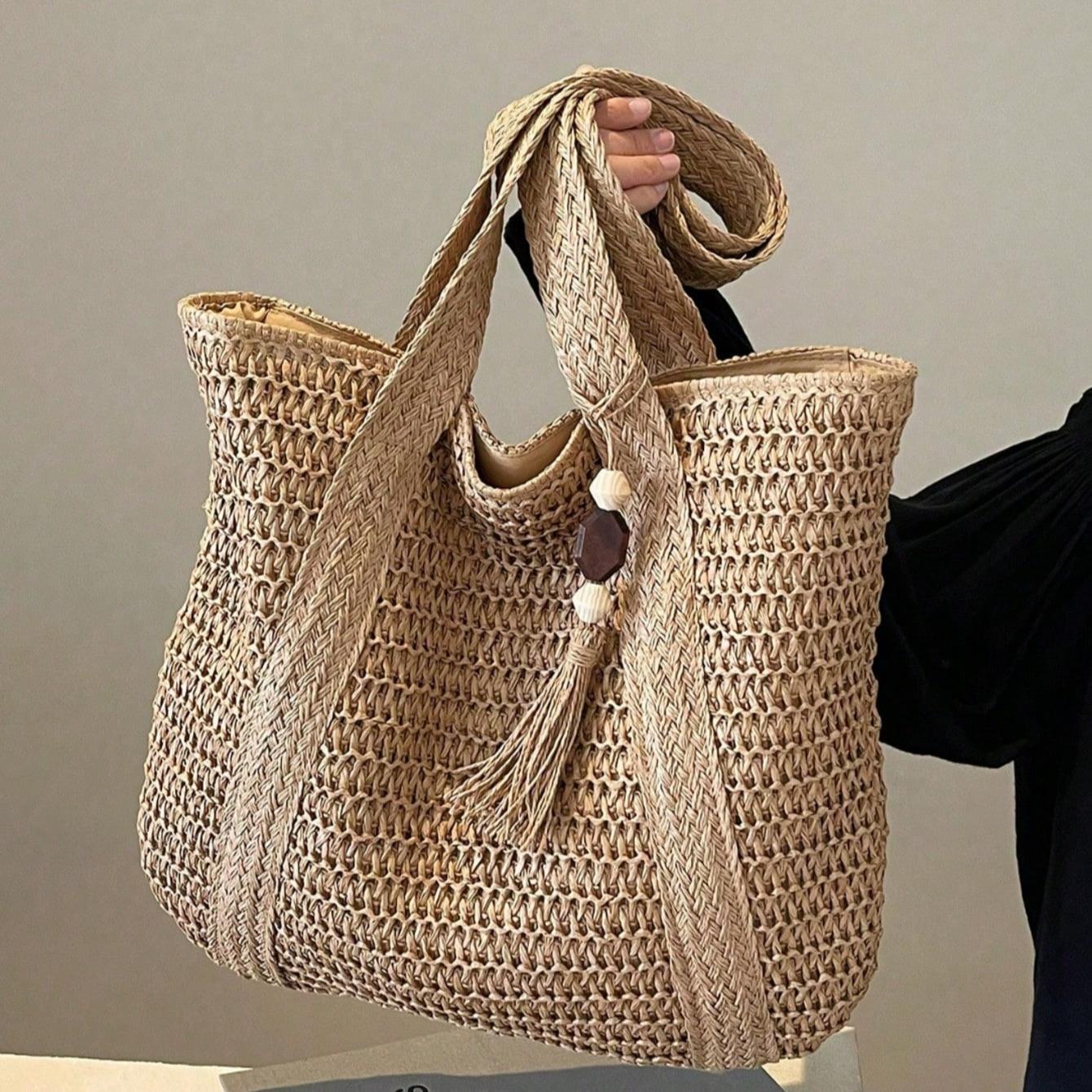 Trending Fashionable Versatile Tote Bag, Beach Vacation Bag  Lightweight Elegant Design Straw Woven Boho Style Shoulder Bag Handbag Large Capacity Summer Straw Beach Bag with Tassel Pendant Woman Purse Suitable for Women, College Students, Teenagers