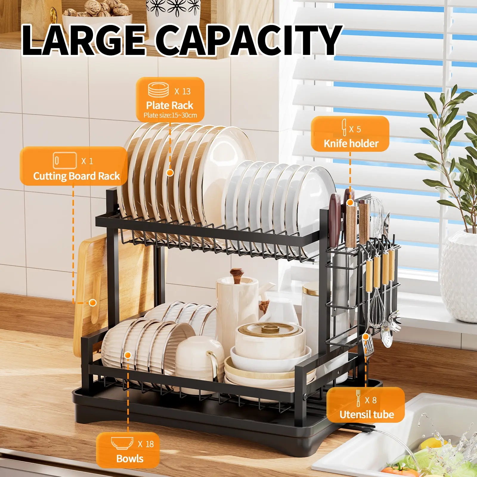 Double Layer Dish Rack, Plate Rack, Kitchen Storage Shelf with Drain Tray, Removable Chopstick Holder, Mug Organizer, Bowls Holder, Utensil Tube, Large Capacity Metal Stand