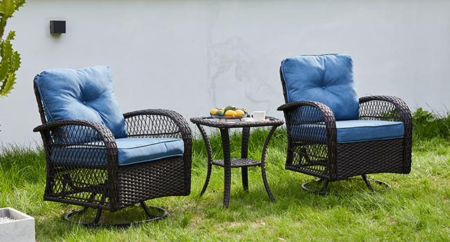Amopatio Greenish Spring 3 Pieces Patio Bistro Set, Rattan Wicker Swivel Rocking Chairs with Thickened Cushions and Table, Comfortable Outdoor Furniture for Garden Lawn