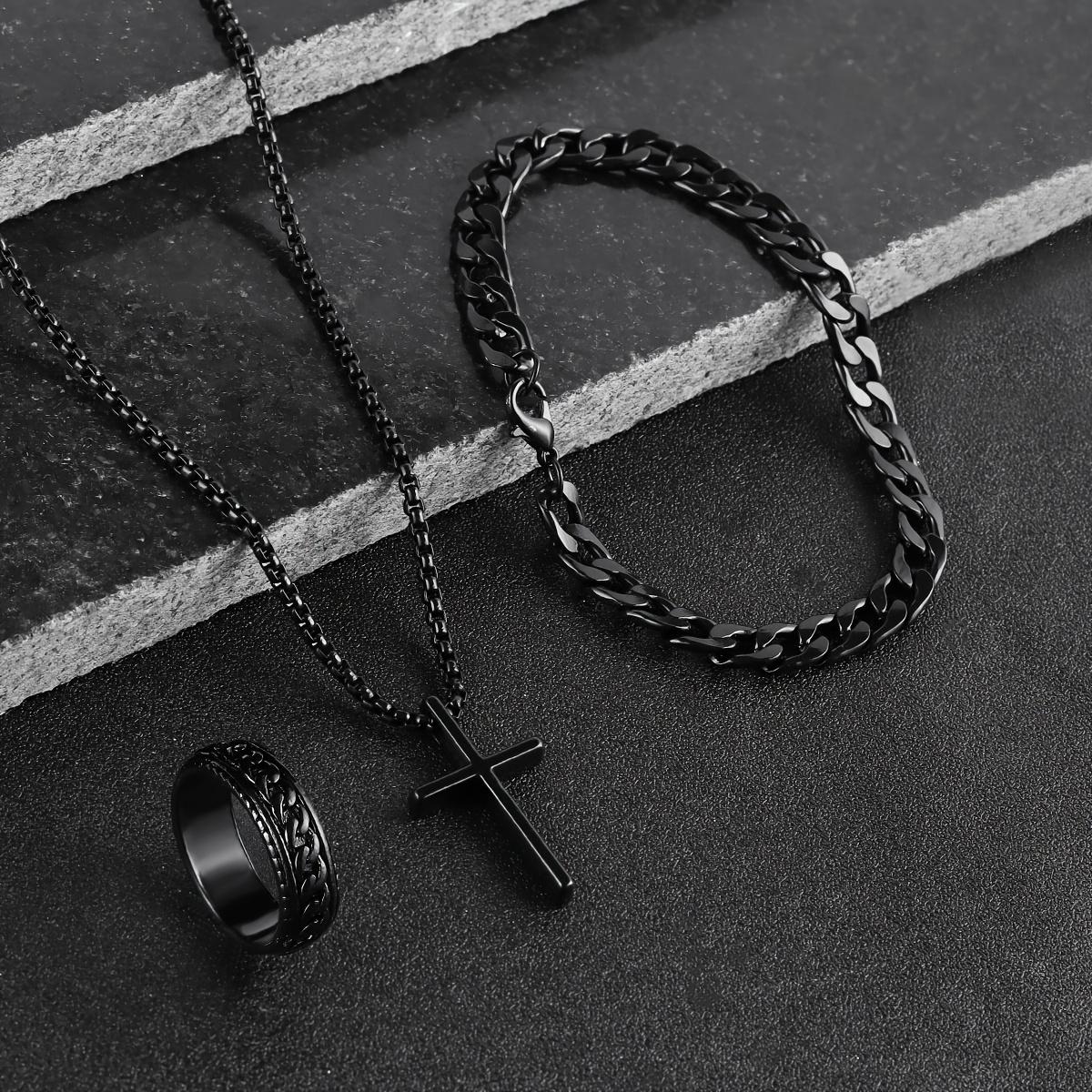 Men's Stainless Steel Cross Pendant Necklace Bracelet & Ring Set Elegant Fashionable Jewelry Gift for Holidays Durable Cohesive Ensemble