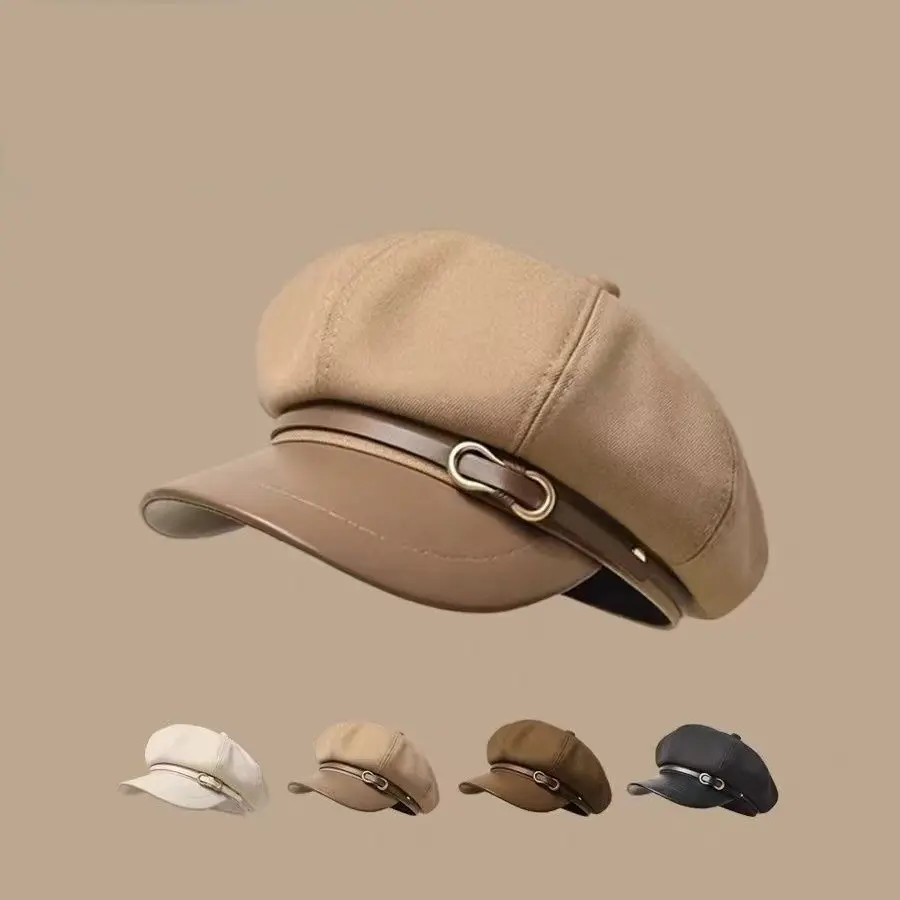 Women's Vintage Octagonal Baker Hat with Metal Buckle Strap, Soft Windproof Beret Cap, Fashion Casual Hat for Autumn Winter Daily Streetwear