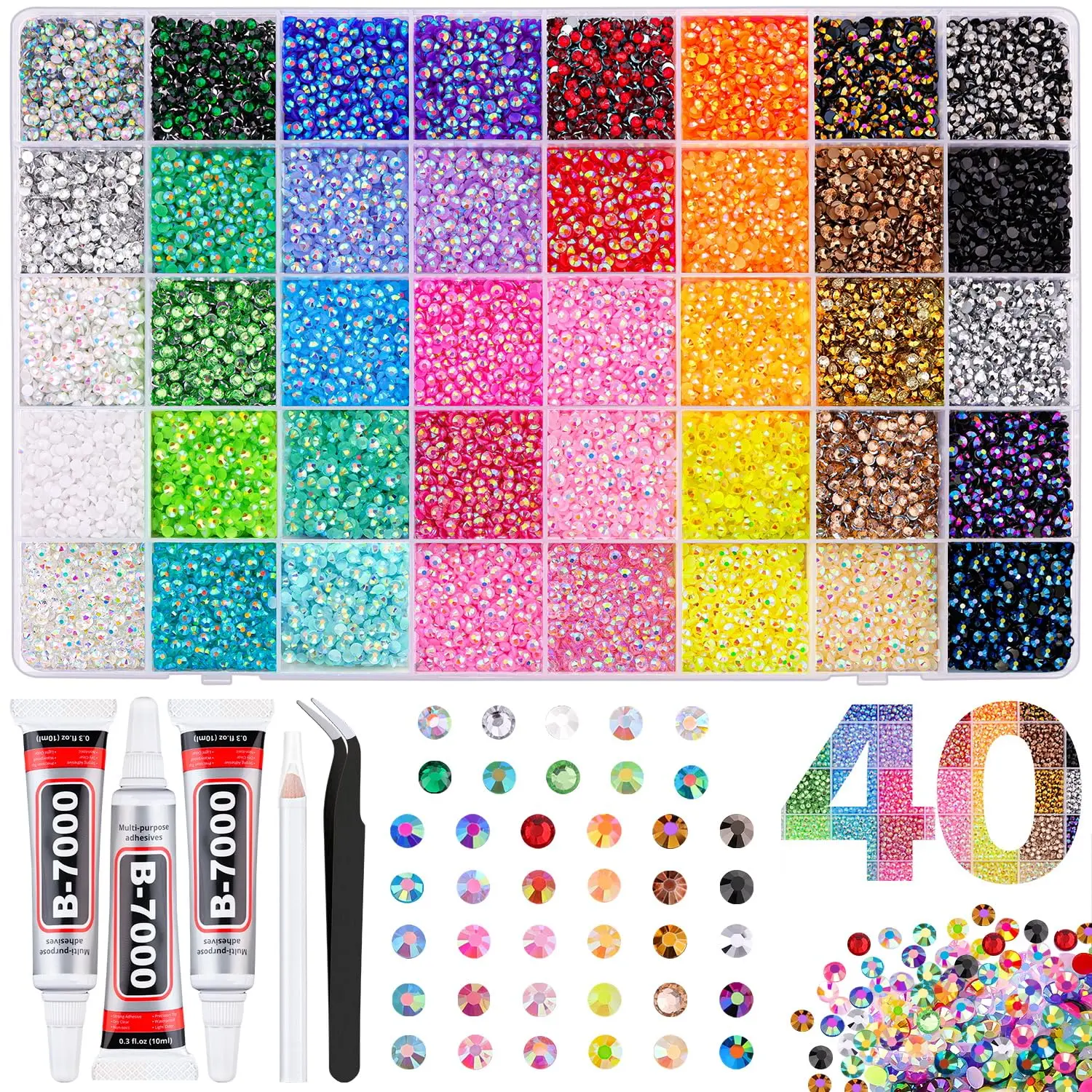 40000Pcs 40-Color Jelly Rhinestones Bedazzler Kit - 3mm Flatback Resin Gems, 3Pcs 10ml B7000 Jewelry Glue for Diamond Art, Nail Art, Craft Projects (Home & Festive Decoration Supplies)