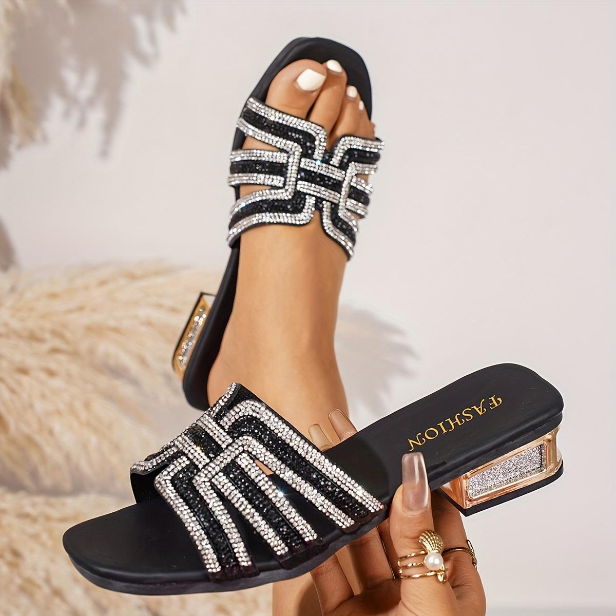 Rhinestone Intertwined Sparkling High Heels, Mid-Heel Design with Sparkling Rhinestones, Suitable for Casual, Vacation, Wedding, Party And Other Occasions, Women Shoes