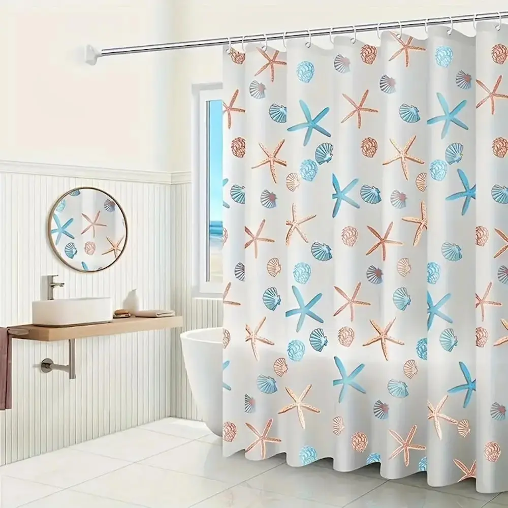 Starfish & Shell Print, 1 Count Lightweight Aesthetic Shower Curtain Liner with Hook, Water-resistant Shower Liner for Home and Hotel