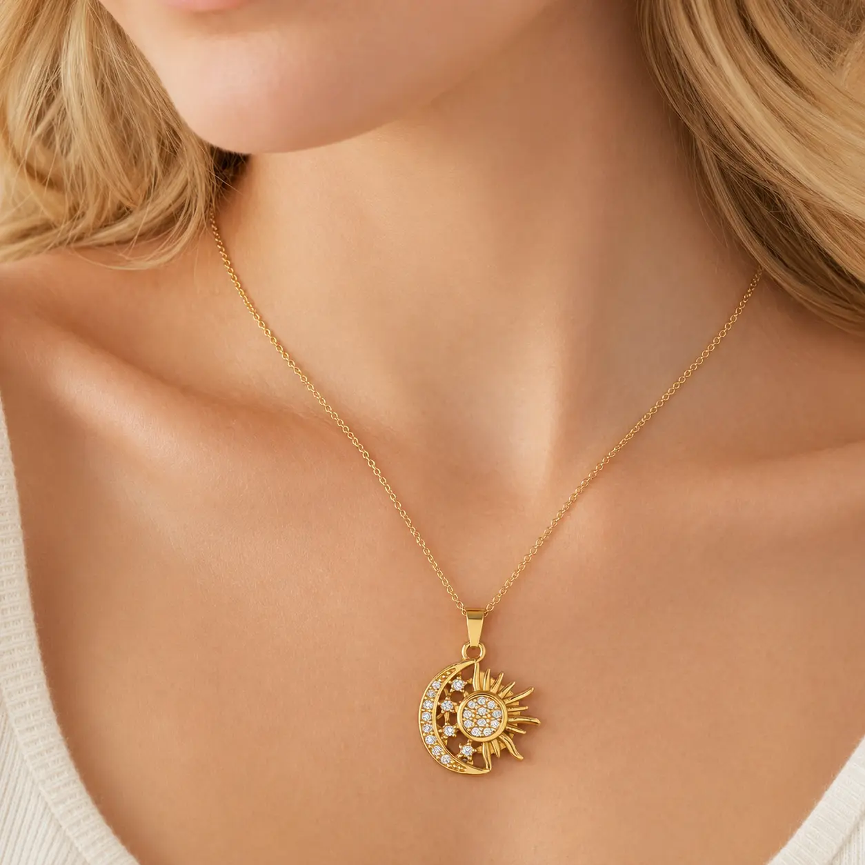 18K Gold Plated Sun and Moon Embrace Necklace for Women, 316L Steel Celestial Pendant with Cubic Zirconia, Adjustable Lightweight Chain Jewelry