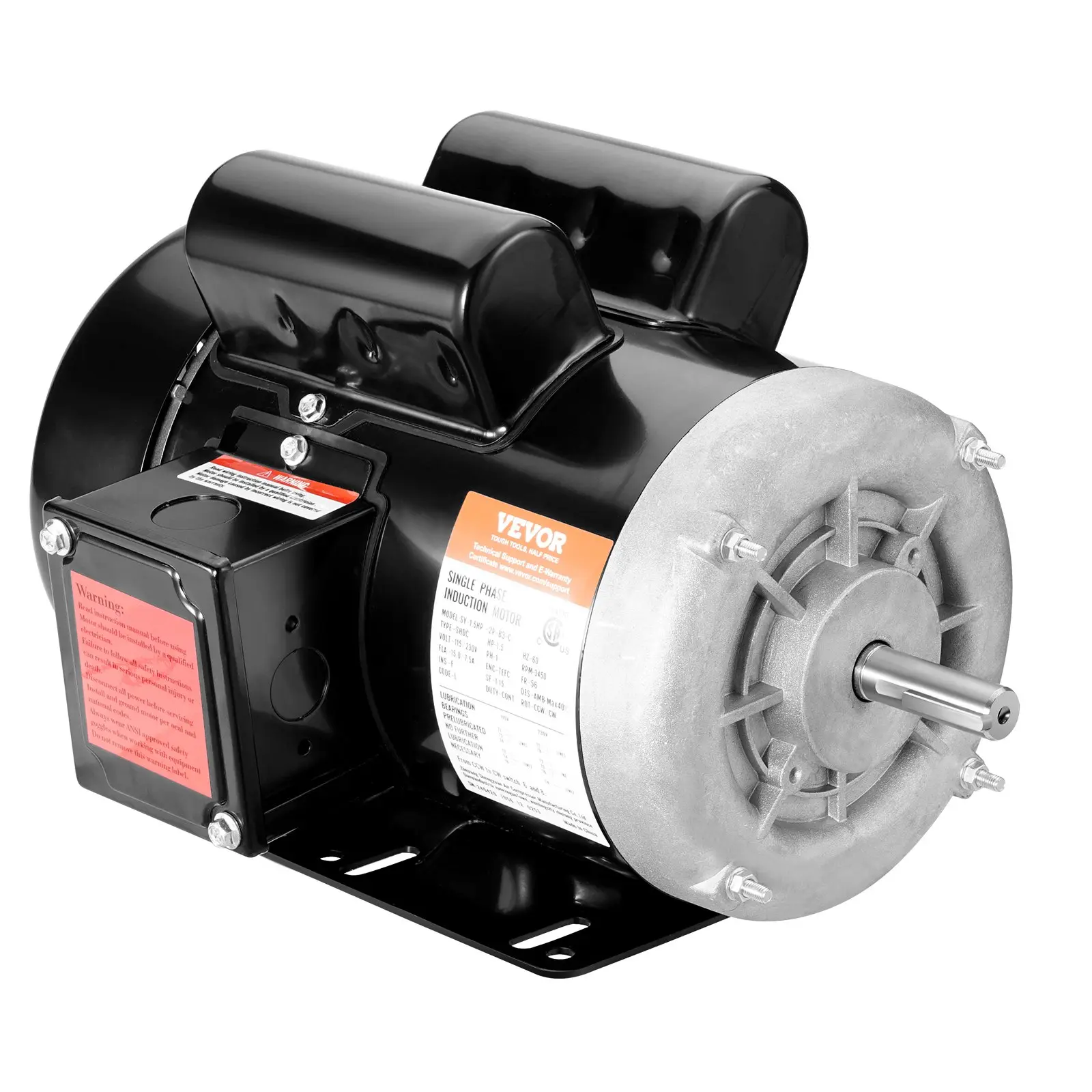 VEVOR 1.5HP Rolled Steel AC Electric Motor, 115V/230V Single Phase, 56 Frame, 3450 rpm, 5/8" Keyed Shaft, Dual Rotation for Agricultural Machinery & General Equipment
