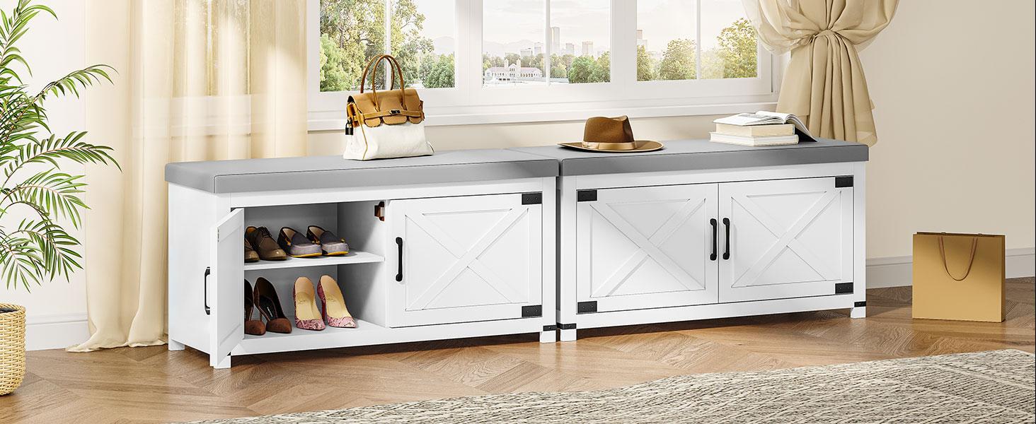 Shoe Storage Bench, 2 Tier Shoe Bench with Padded Seat Cushion & 2 Barn Doors, Entryway Bench with Adjustable Shelf, Farmhouse Shoe Cabinet for Living Room, Bedroom, White