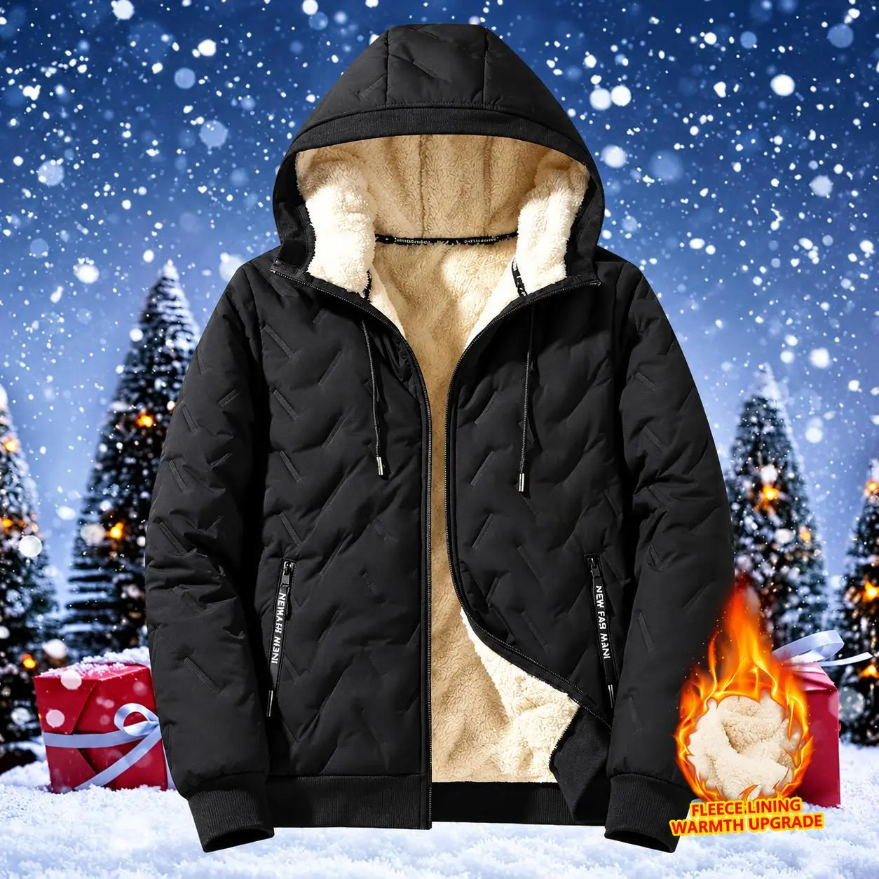 Men's Solid Color Hooded Winter Jacket, 2026 New, Fleece Lined, Waterproof Windproof, Unique Texture, Full Zip Long Sleeve Coat, Autumn Winter Essential Outerwear for Daily Leisure & Outdoor Casual Menswear