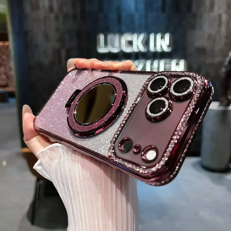 Rhinestone glitter mirror magnetic stand phone case For iPhone 17 16 15 14 13 Pro Max Plus, shockproof protective case
