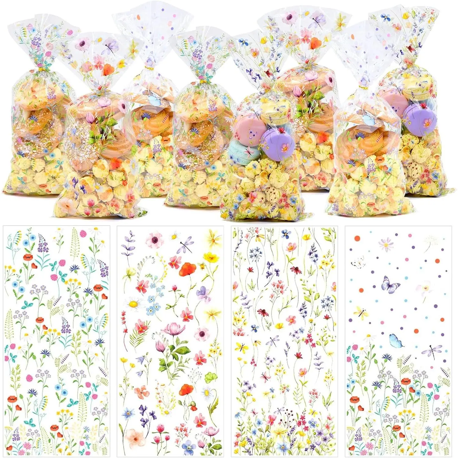 160 Pcs Wildflower Cellophane Treat Bags – Spring Floral Candy Goodie Bags with Colorful Flower Designs – Cello Gift Bags with Twist Ties for Easter, Weddings, Baby Showers, and Spring Party Favors