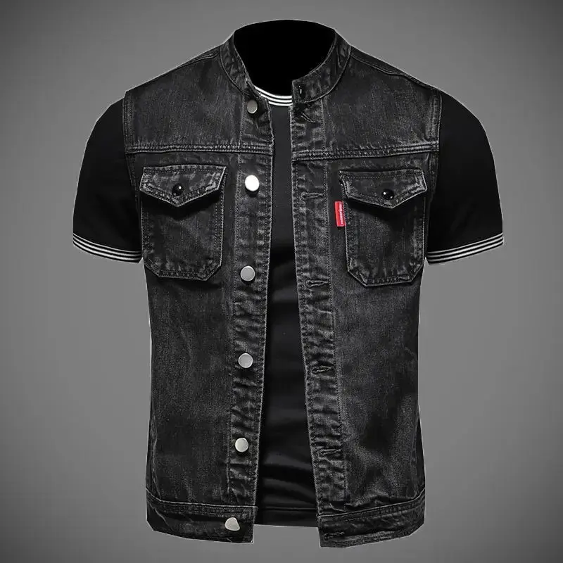 Men's Denim Motorcycle Vest Retro Casual Riding Jacket Streetwear Biker Top, must have item, trendy style, street style, everyday wear, essential piece, wardrobe staple, wardrobe essential, must have piece
