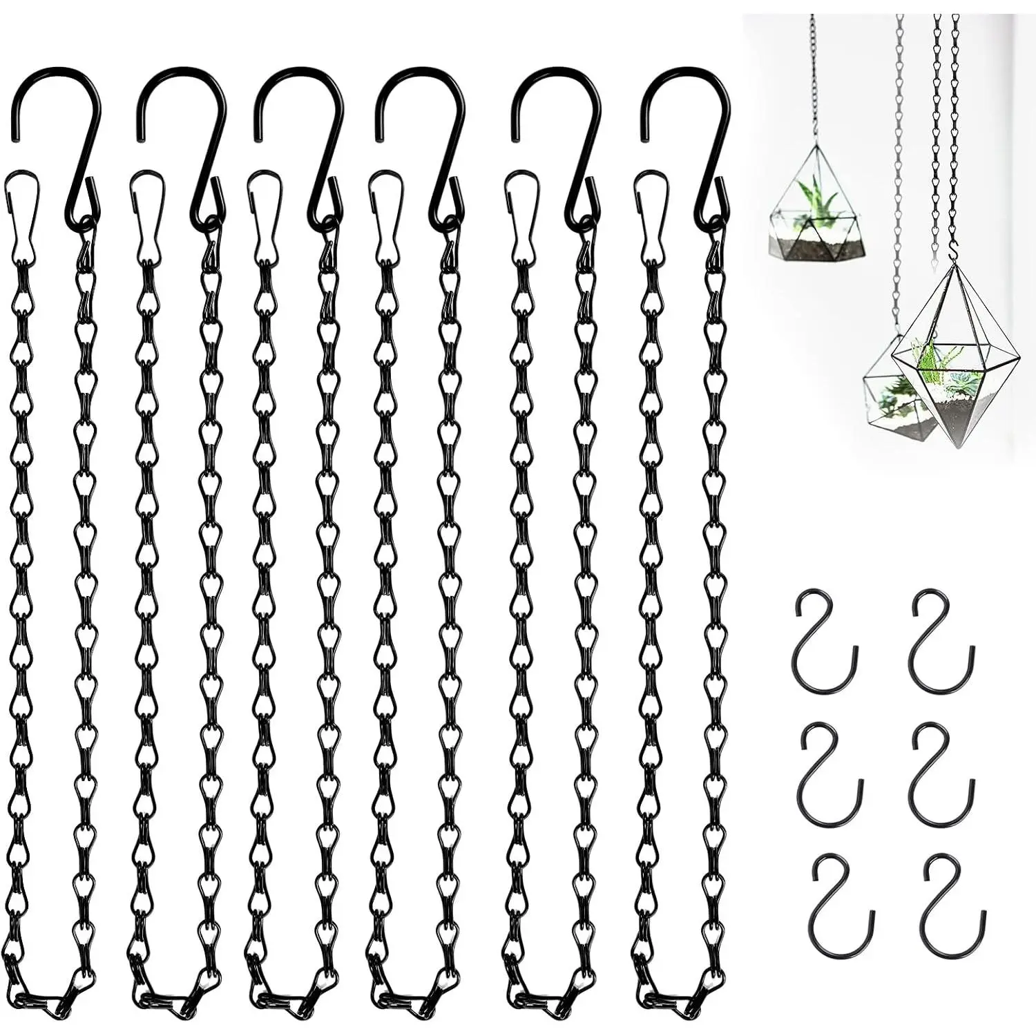 6 count  Chains with S Hooks, 24.2IN Long Chains with Clips, Adjustable Black Metal Chains Hanger for , Sign, Bird Feeder, Wind Chime