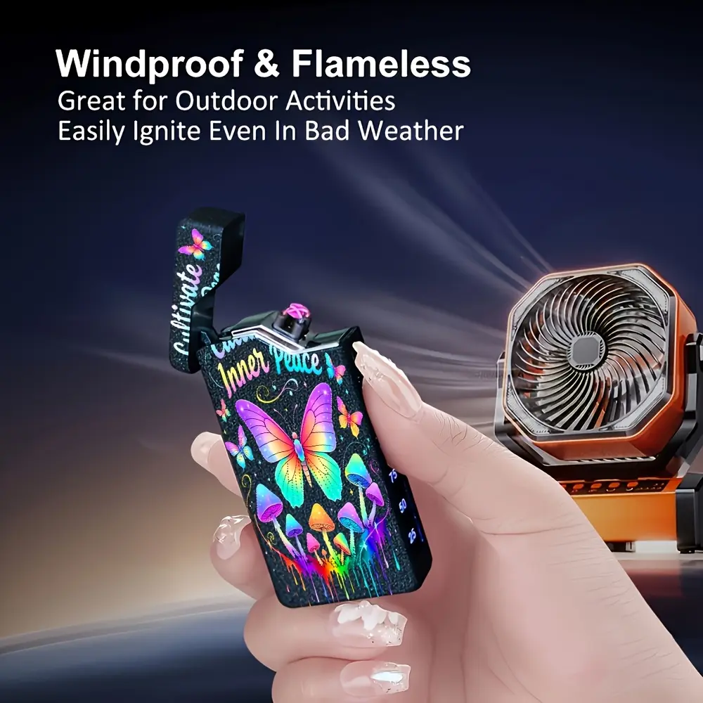 1pc Cultivating Inner Peace Butterfly Pattern Print Metal Material Electronic Lighter No Open Flame Windproof Pulse Dual Arc, USB-C Rechargeable with Power Display, Suitable for Daily Use, Parties, Outdoors, Available in High Altitude Areas