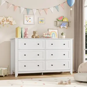 6 Drawer Dresser for Bedroom, 54"W Wooden Chest of Drawers with Metal Knobs, Clothes Storage Organizer, Dresser TV Stand for Entryway, Bedroom