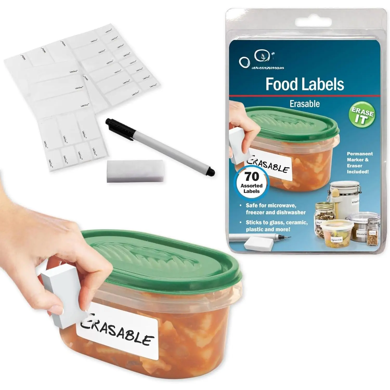 Label Once Erasable  Labels with Marker and Eraser  | Kitchen Storage Freezer Dishwasher, Microwave Safe 70 Pack, Includes Marker and Eraser, Labels for Any Task