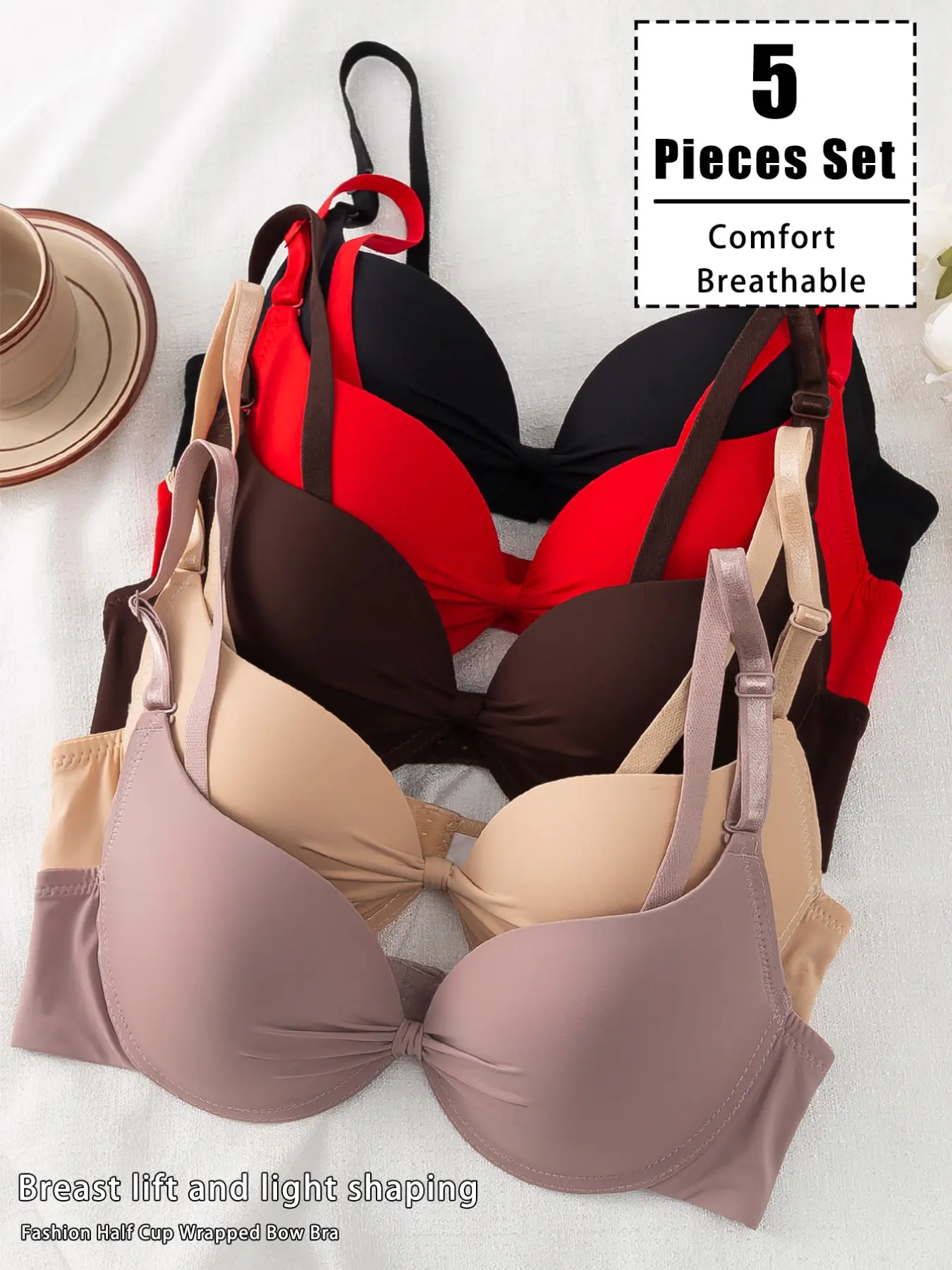 5-Pack Multi-Color Push-Up Bras for Women, Underwire Bra with Adjustable Straps, Lined Slim-Fit Elegant Design, All Seasons Wear
