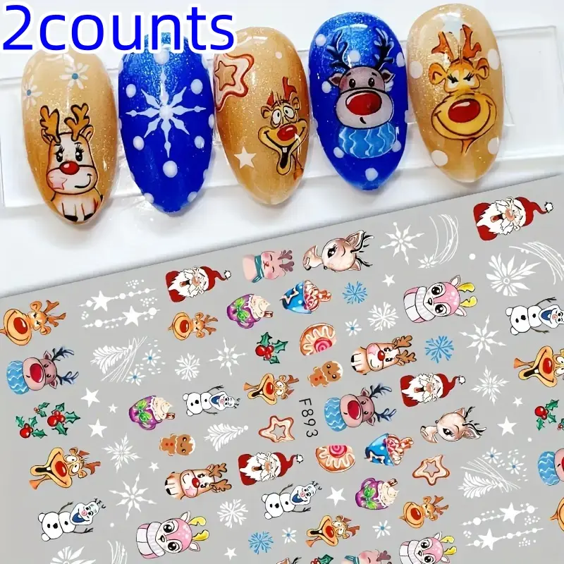 2 Piece 3D Cartoon Christmas Nail Stickers, Self-Adhesive Plastic Nail Art Decals, Santa, Reindeer, Snowman, Animal Patterns, DIY Decor