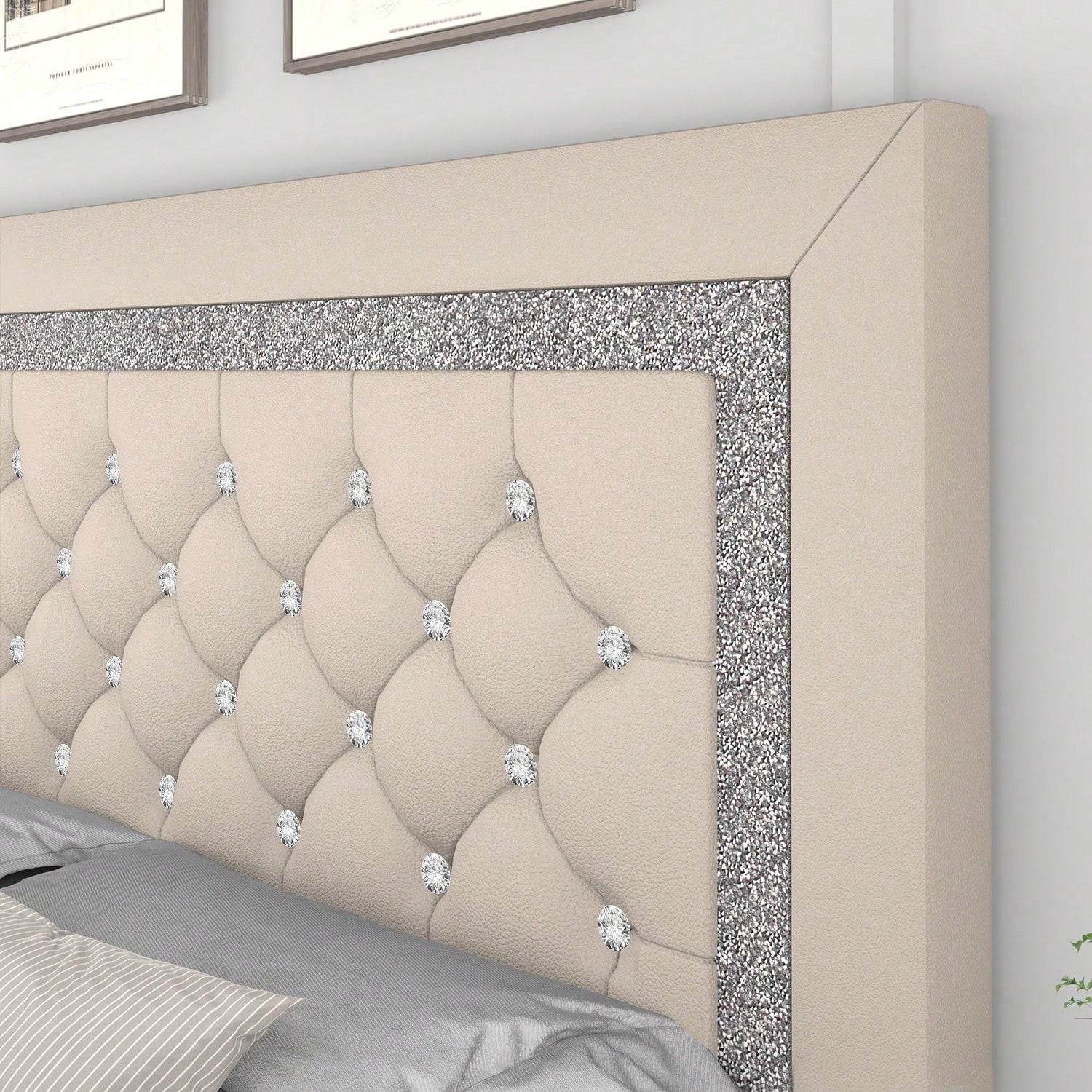 Twin/ Full/ Queen/ King Size Bed Frame, Upholstered Bed Frame With Diamond Headboard And Footboard, Pearl White/ Beige/ Black/ Grey/ Pink/ Purple/ Green