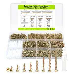 #4 Flat  Small  Screws  kit, 420 count, Phillips Short Screw, Yellow Zinc Plated, Cabinet Hinge Mounting, Electronics DIY  Screws Fasteners Set, Contains 20 count M6 Screw Anchors