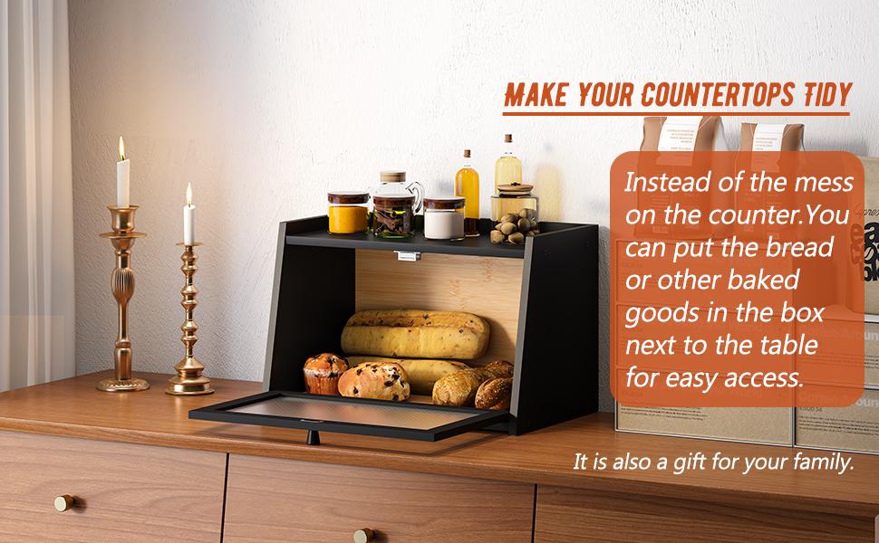 Large Bread Box, Easy Access & Cleaning - Bamboo Bread Box for Kitchen Countertop with Acrylic Door (Black, Medium)