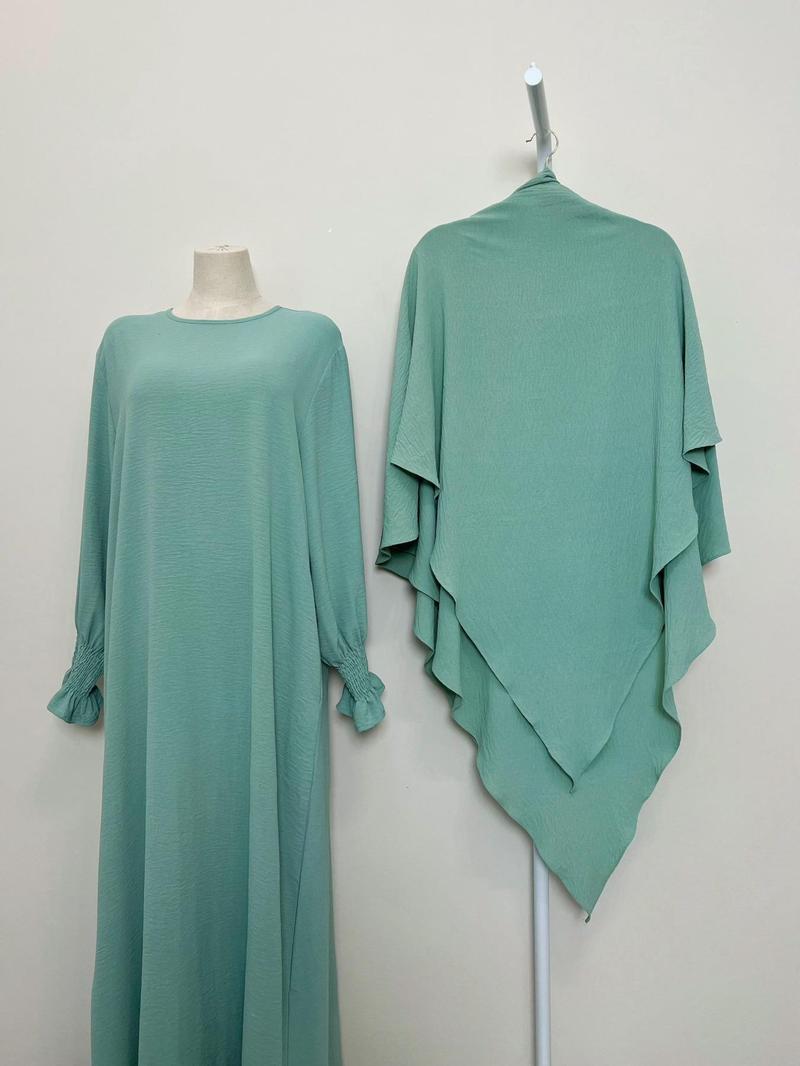 Women's 2-Piece Solid Color Long Sleeve Dress & Hijab Set, Modest Outfit for Daily Wear, Women's Islamic Clothing for All Seasons, Abaya Hijab Set