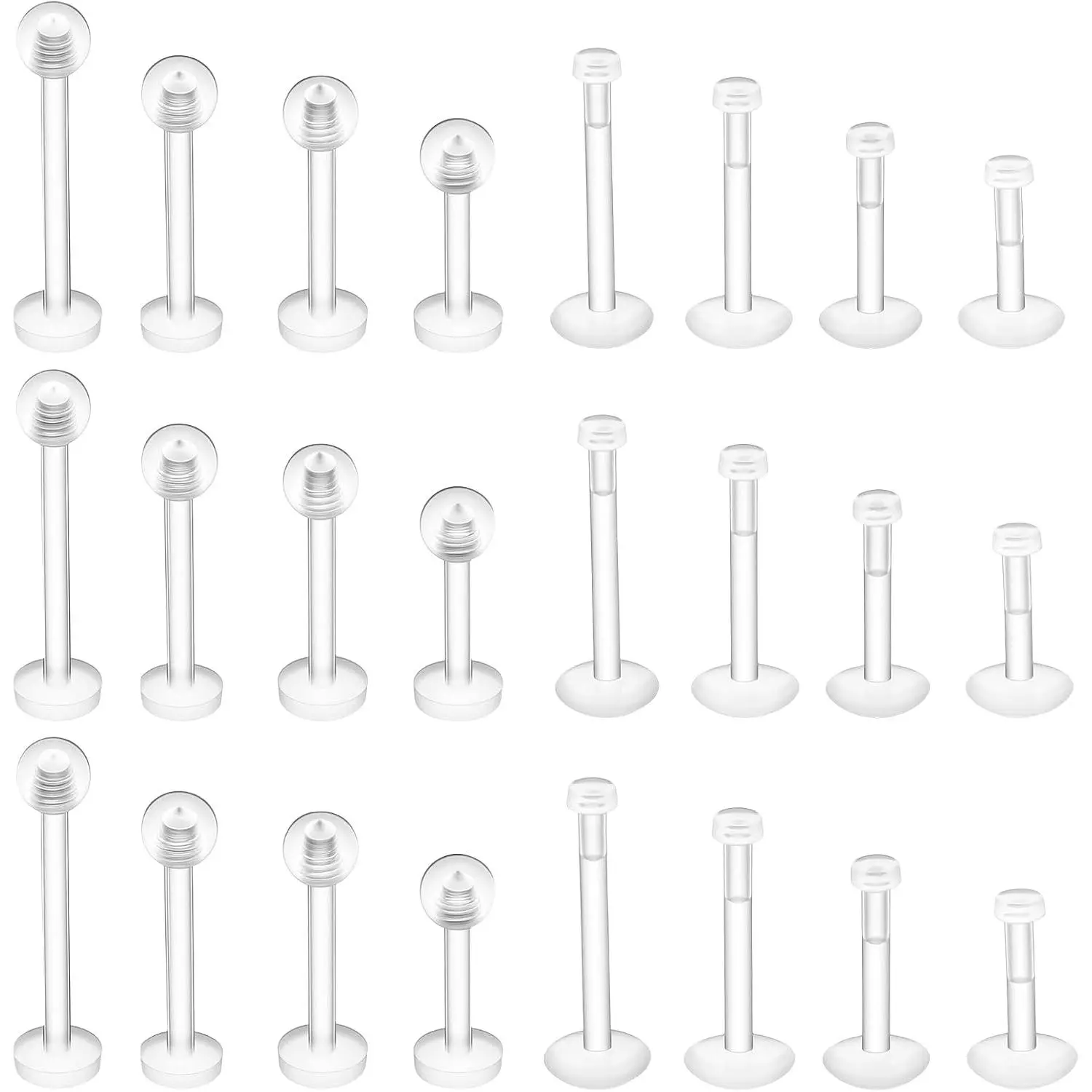 24 count Clear Invisible  Retainers for Work - 16G Push Top Labret Lip Rings & Earrings, Flat  Nose Studs for Helix, Tragus, Monroe, Medusa, Industrial - 6/8/10/12mm Bars