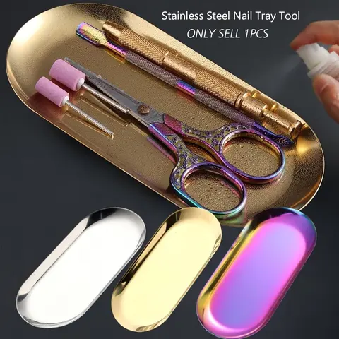 Oval Sterilizing Tray, Multifunctional Organiser, Silver Color Laser Mirror Finish, Stainless Steel & Plastic, Ideal for Salon, Tattoo Tools, Nail Art, Home Storage, Beauty Organizer, Nail Supply Organizer