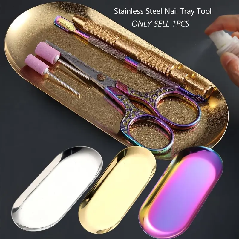 Oval Sterilizing Tray, Multifunctional Organiser, Silver Color Laser Mirror Finish, Stainless Steel & Plastic, Ideal for Salon, Tattoo Tools, Nail Art, Home Storage, Beauty Organizer, Nail Supply Organizer