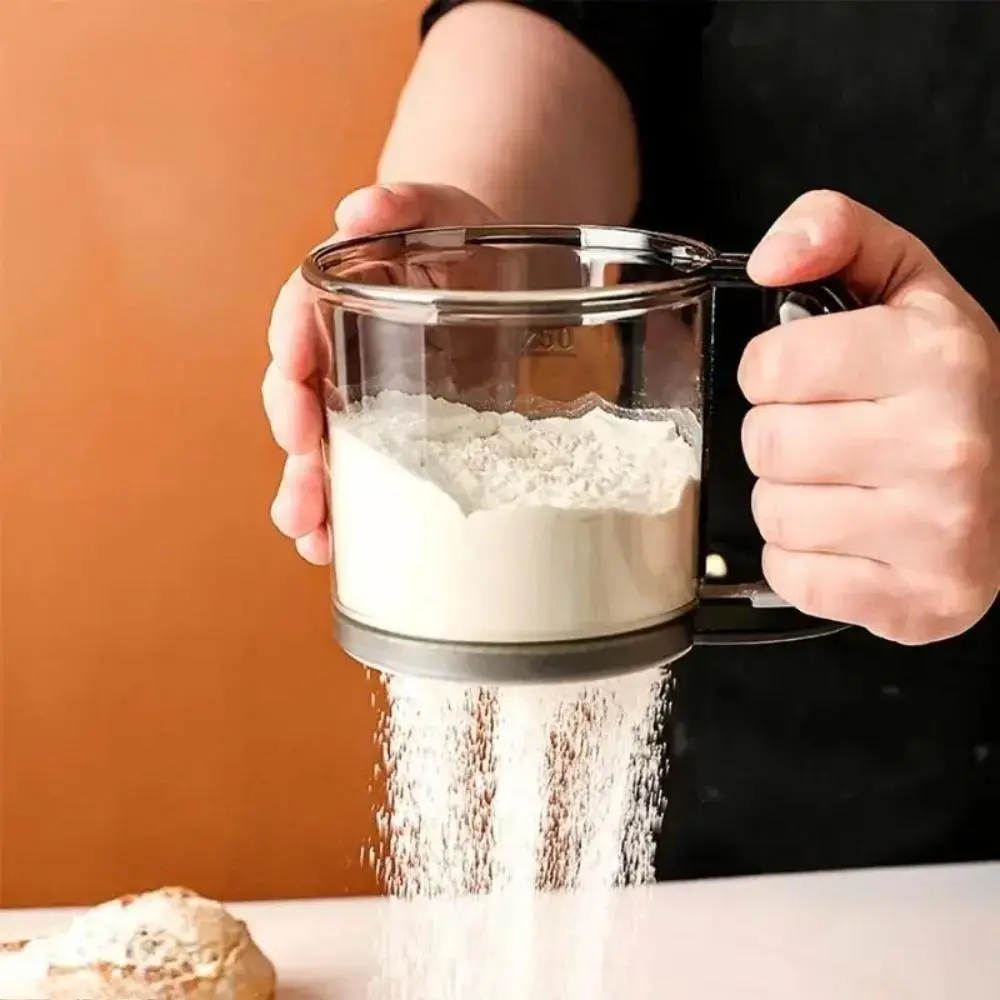 Stainless Steel Kitchen Flour Sifter - Smooth, Fine Mesh, Semi-Automatic with Built-In Measuring Scale, Sturdy Handheld Baking Utensil for Homemade Cakes, Bread, Durable, Easy To Clean, Effortless Sifting, Precision In Baking