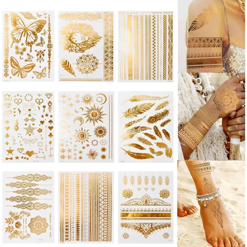9 Sheets Gold Temporary Tattoos Flash For Women, Metallic Festival Tattoos, Body Art Sticker, Waterproof Armbands Tattoo, Moon Star Butterfly Glitter Tattoos Fake That Look Real and Last Long