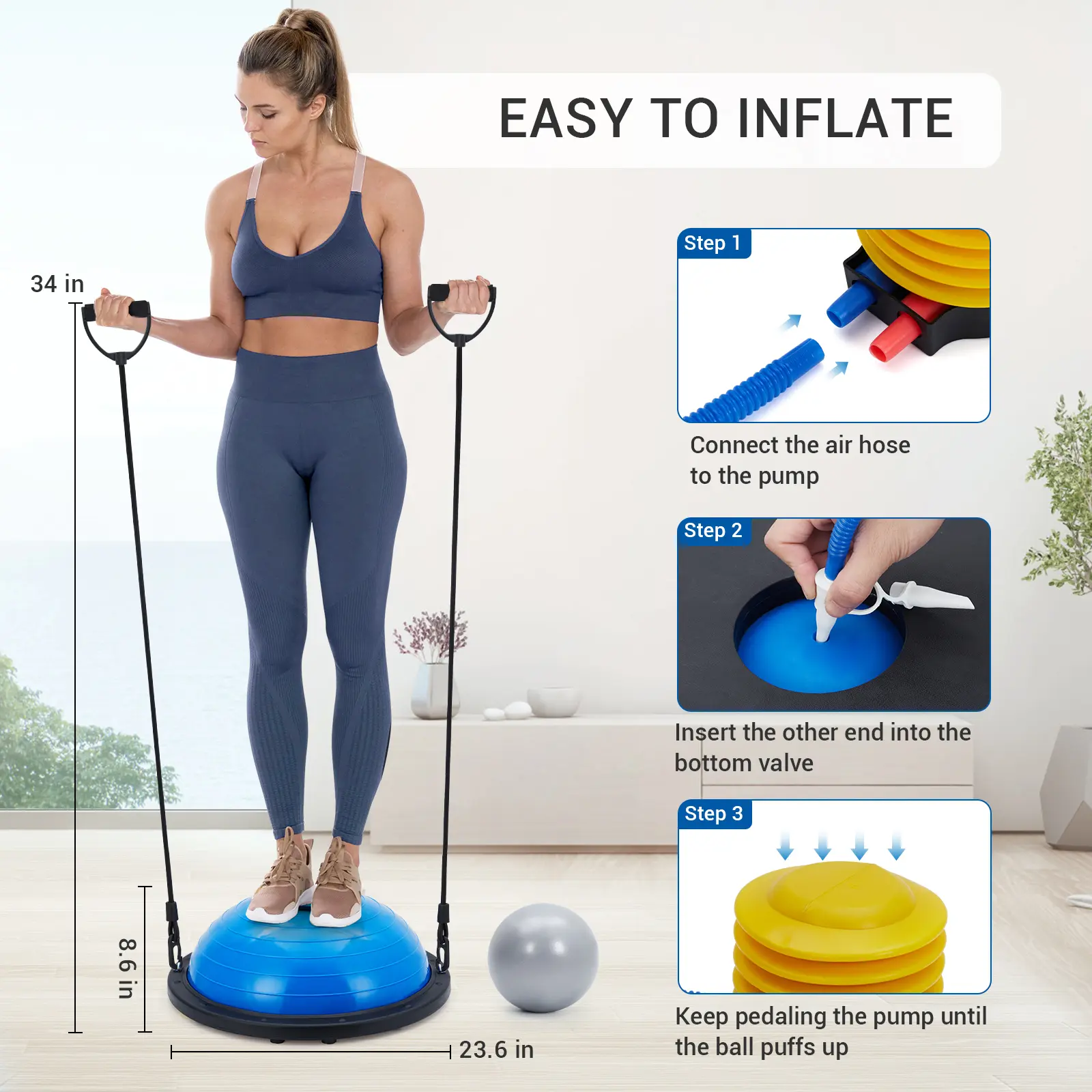 【Garvee】Balance Ball, 1600 Lbs Inflatable Half Exercise Ball Balance Trainer with Nonslip Base, Half Yoga Ball Strength Training Equipment with Resistance Bands and Foot Pump, Blue