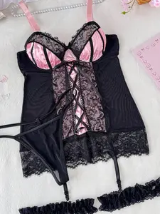 Women's Lace Patchwork Silk Lingerie Set, Steel Ring Top + Pants + Leg Rings X2, Halloween Costume, Christmas, Valentine Gift curvy sexy computer love bra clean girl style sexy apple shape girl