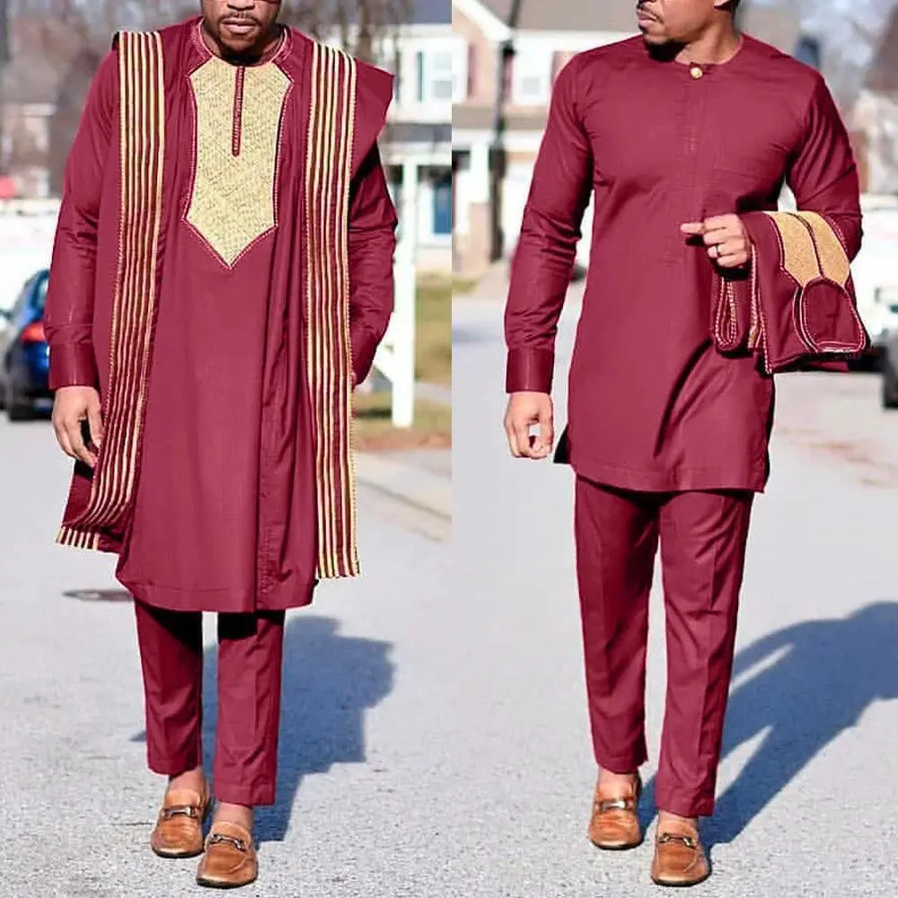 Men's 3-Piece African Agbada Suit - Embroidered Robes, Dashiki Cover Shirt, Pants, Plant Print Boubou for Muslim Men